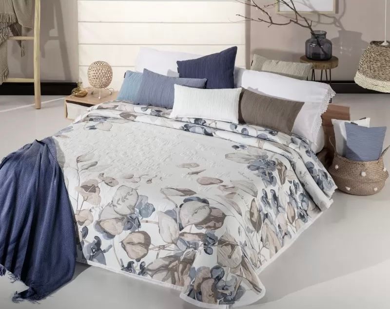 Ensemble Complet Jacquard FLORAL GARDEN Bleu et Beige