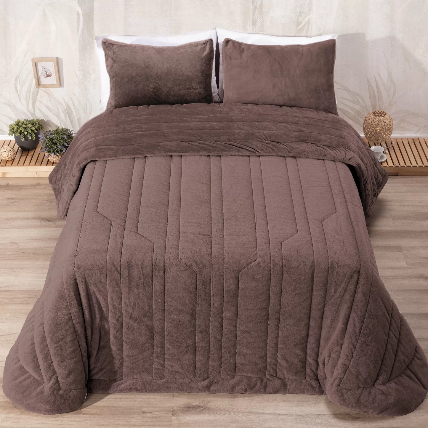 Couette en Velours à Rayures Géométriques Marron