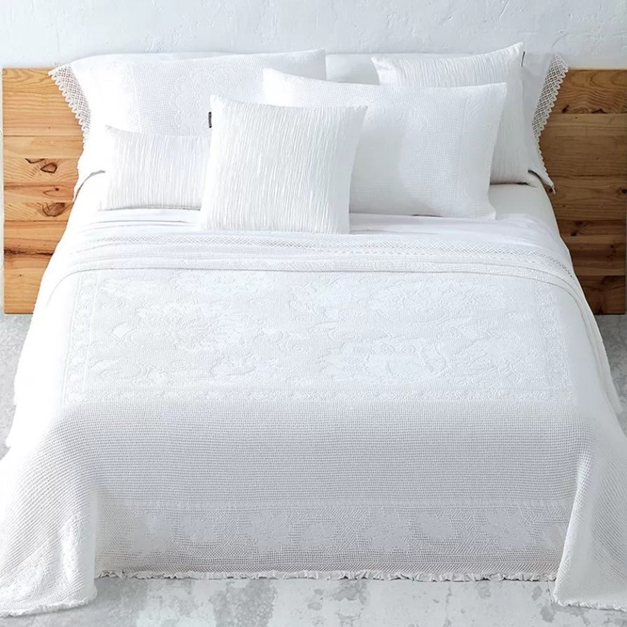 Ensemble Couvre-lit Jacquard en Coton Au POINT CROCHET en Blanc