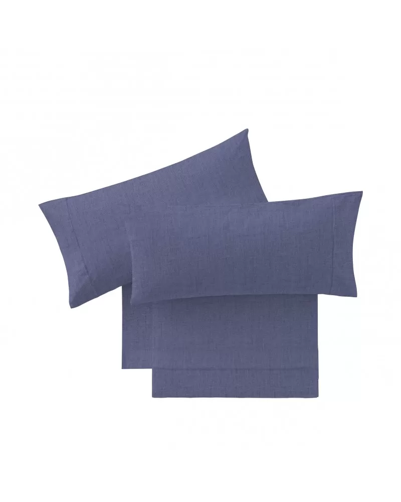 Parure de draps en Coton Uni Lavé Bleu