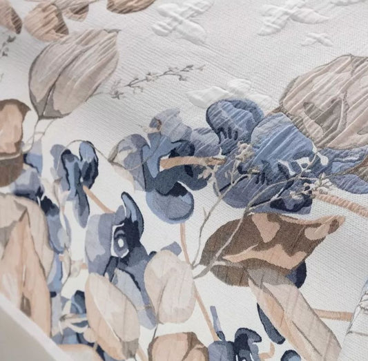 Ensemble Complet Jacquard FLORAL GARDEN Bleu et Beige