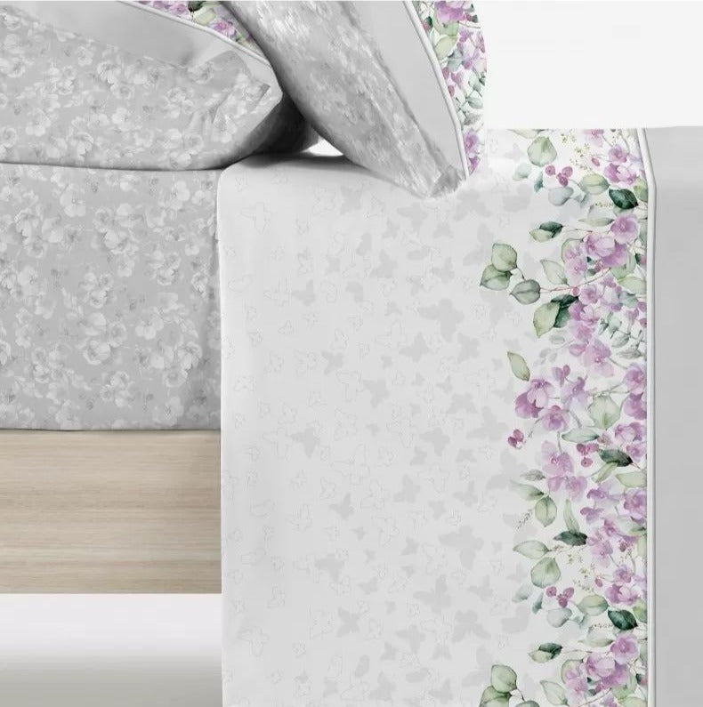 Parure De Draps En Coton Imprimés GARDEN Mauve et Gris