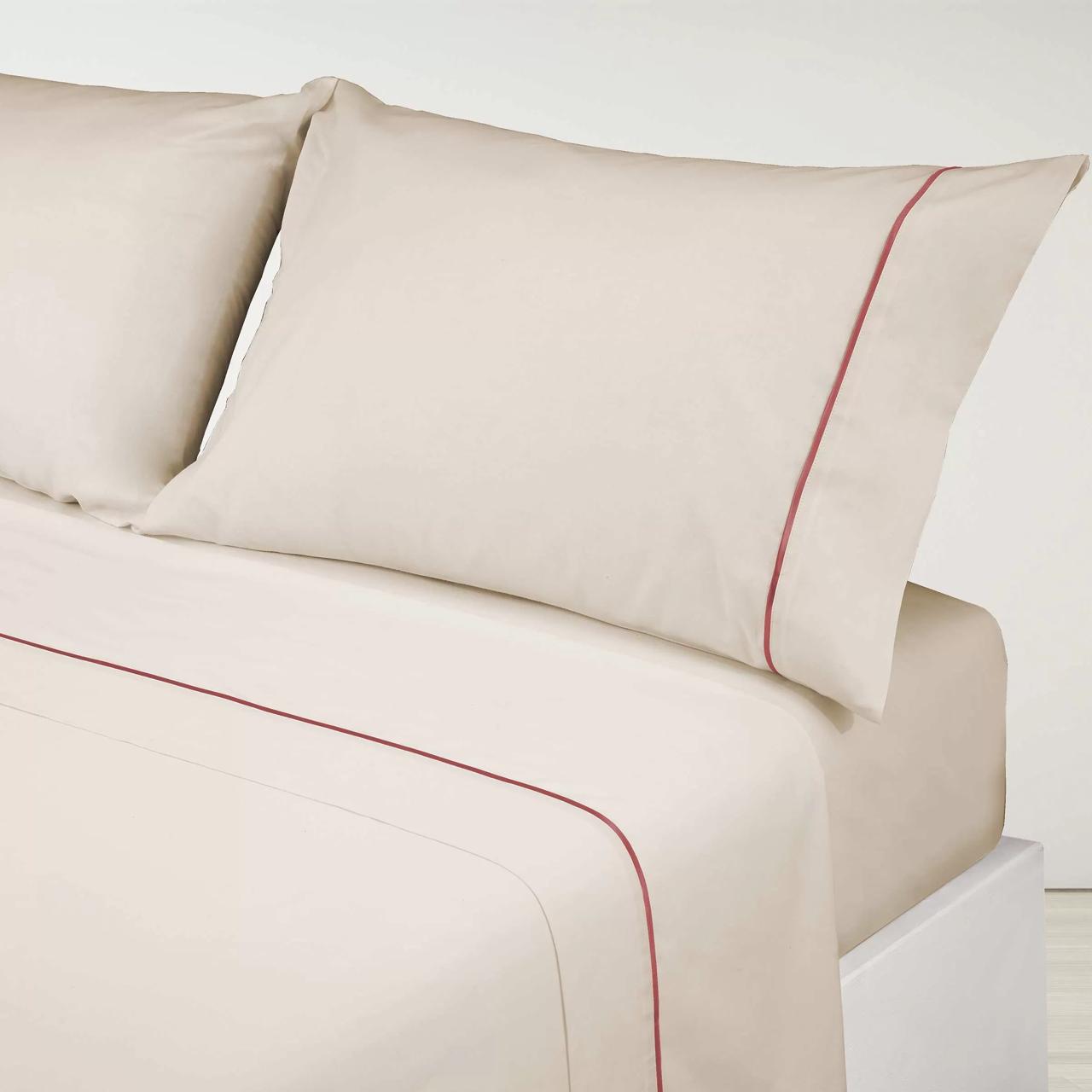 Parure de draps en Coton Beige avec Bordure Rouge