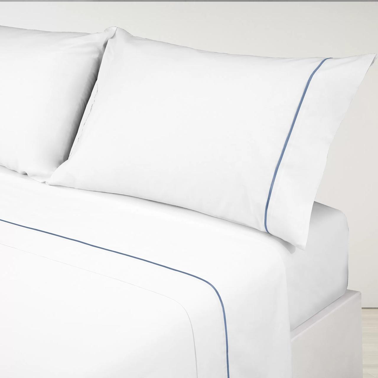 Parure de draps en Coton Blanc avec Bordure Bleu