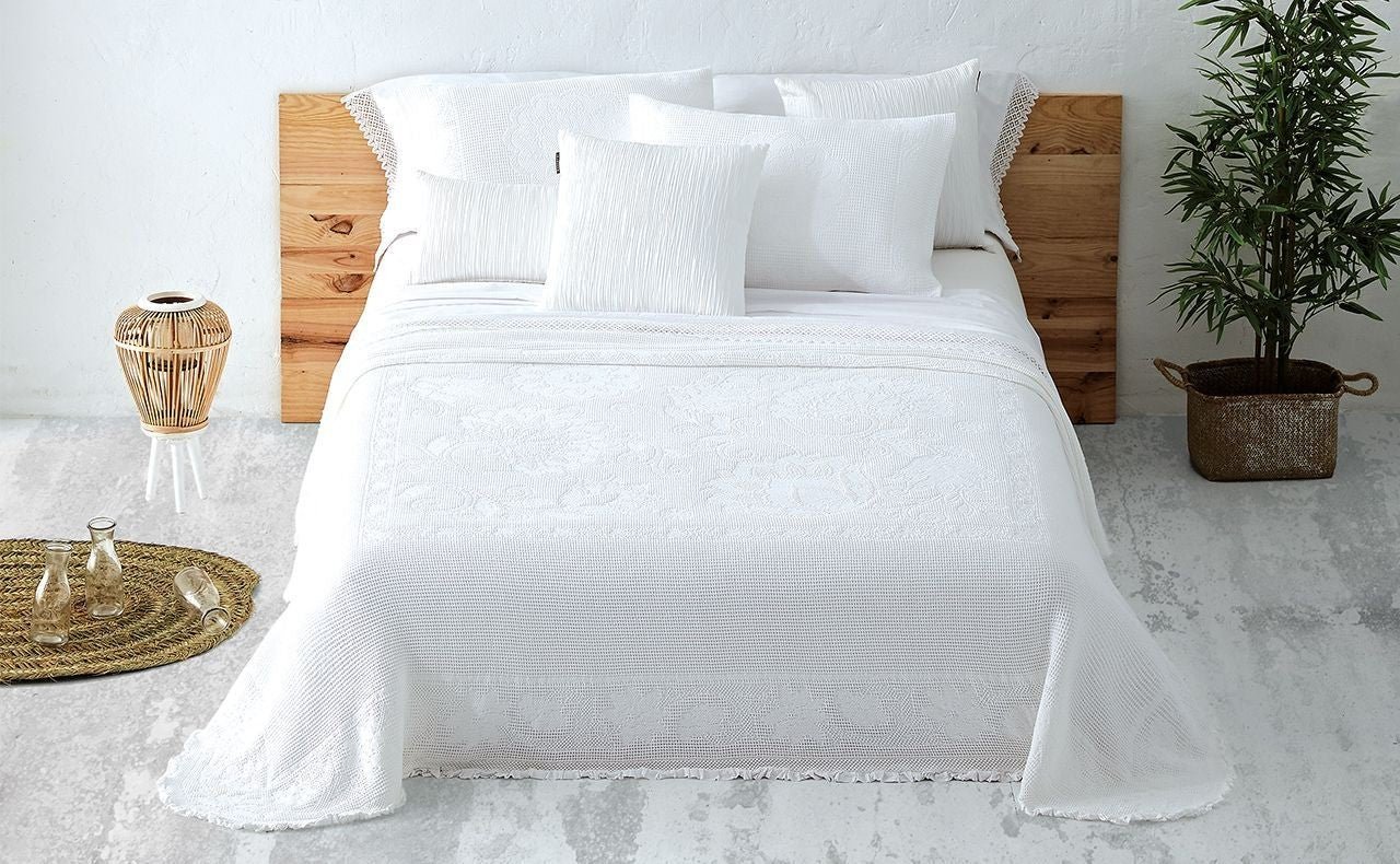 Ensemble Couvre-lit Jacquard en Coton Au POINT CROCHET en Blanc