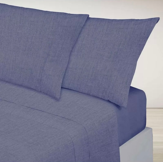 Parure de draps en Coton Uni Lavé Bleu
