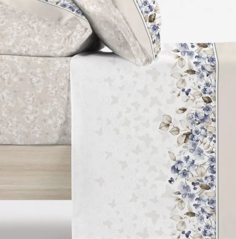 Parure De Draps En Coton Imprimés GARDEN Bleu et Beige