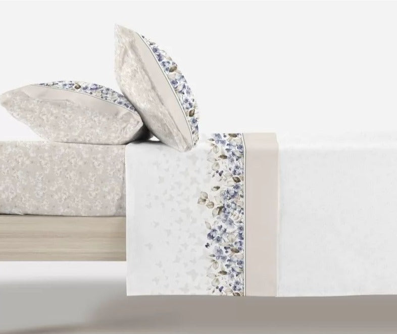 Parure De Draps En Coton Imprimés GARDEN Bleu et Beige