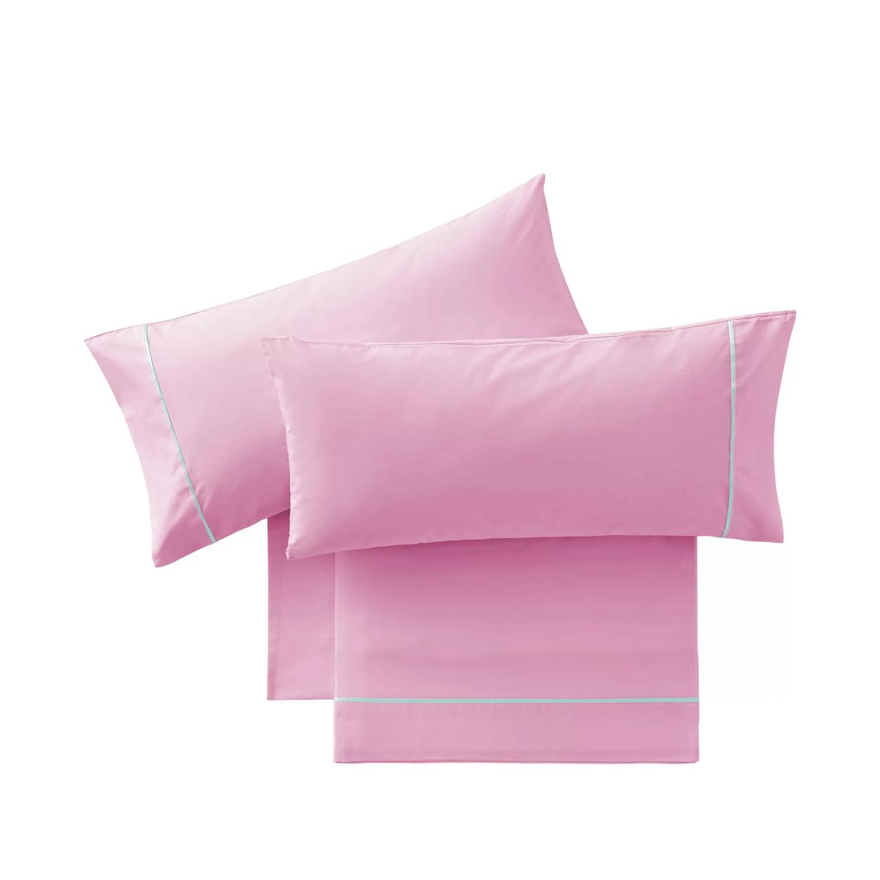 Parure de draps en Coton Rose avec Bordure Bleue