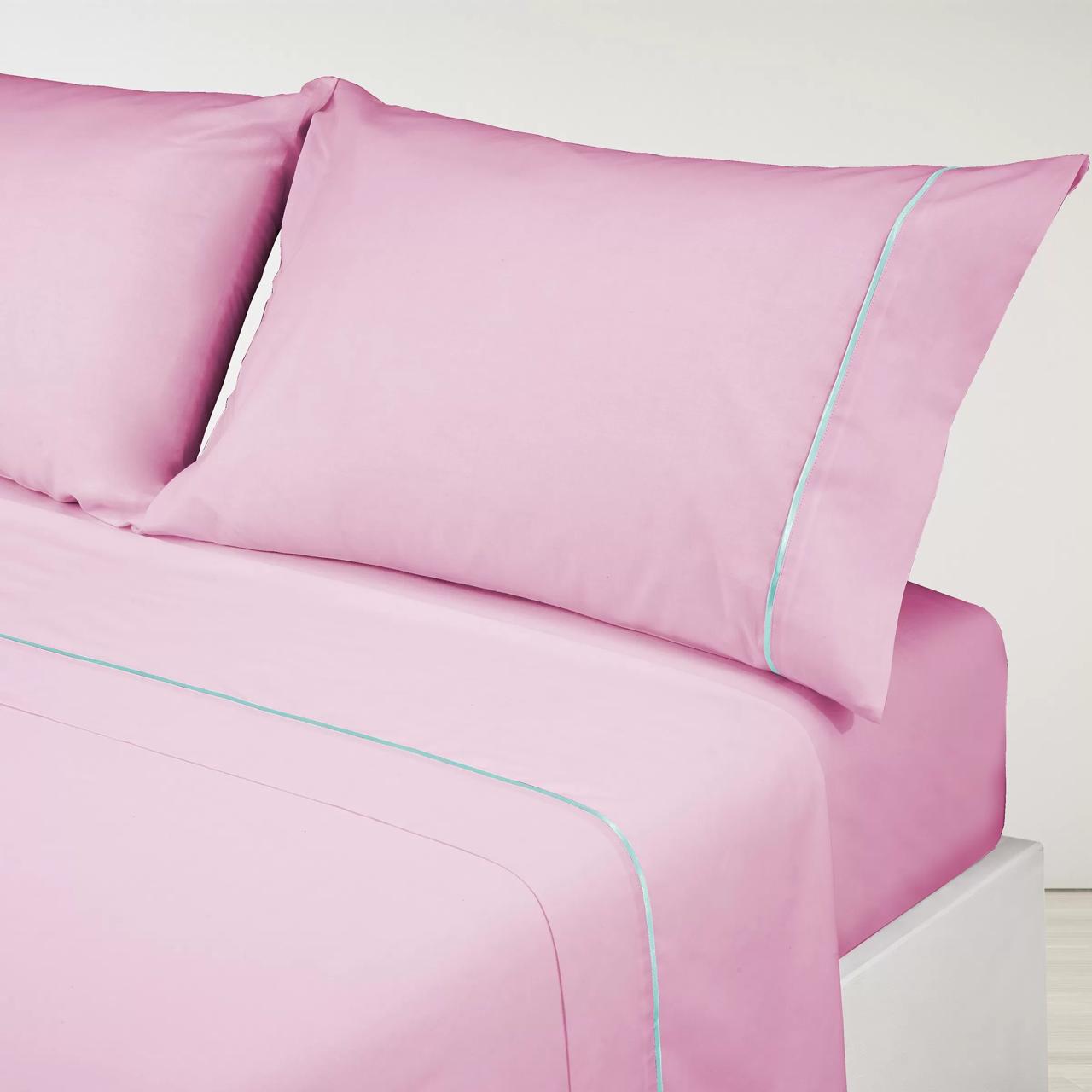 Parure de draps en Coton Rose avec Bordure Bleue