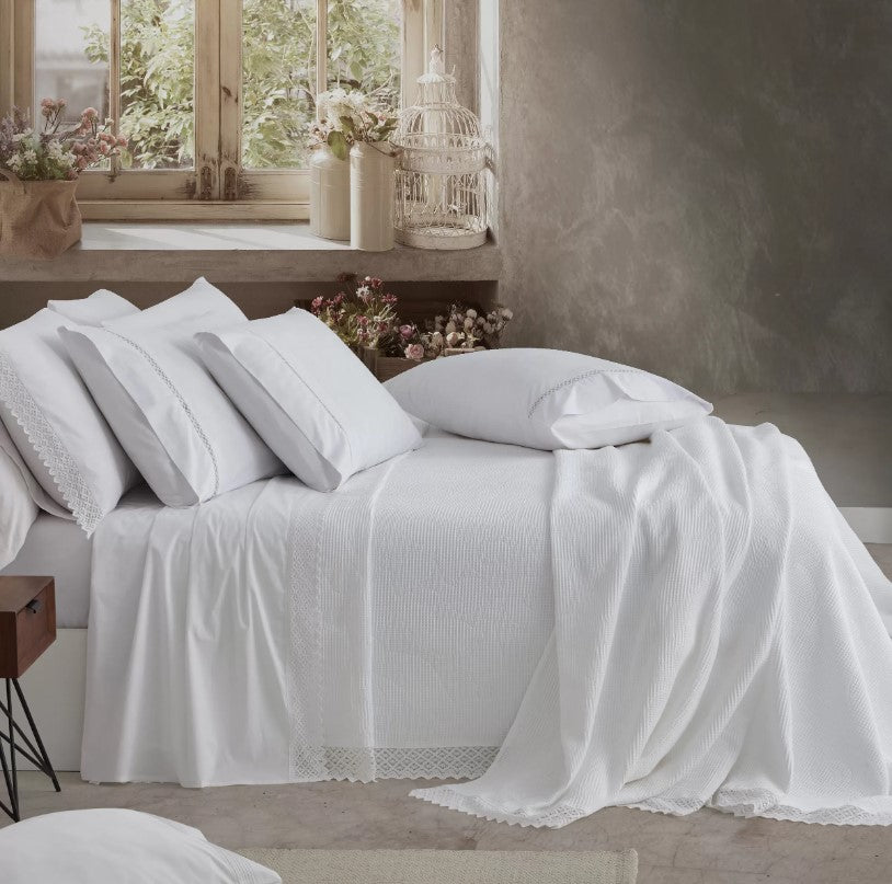 Couvre-lit Jacquard en Coton CROCHET BLANC
